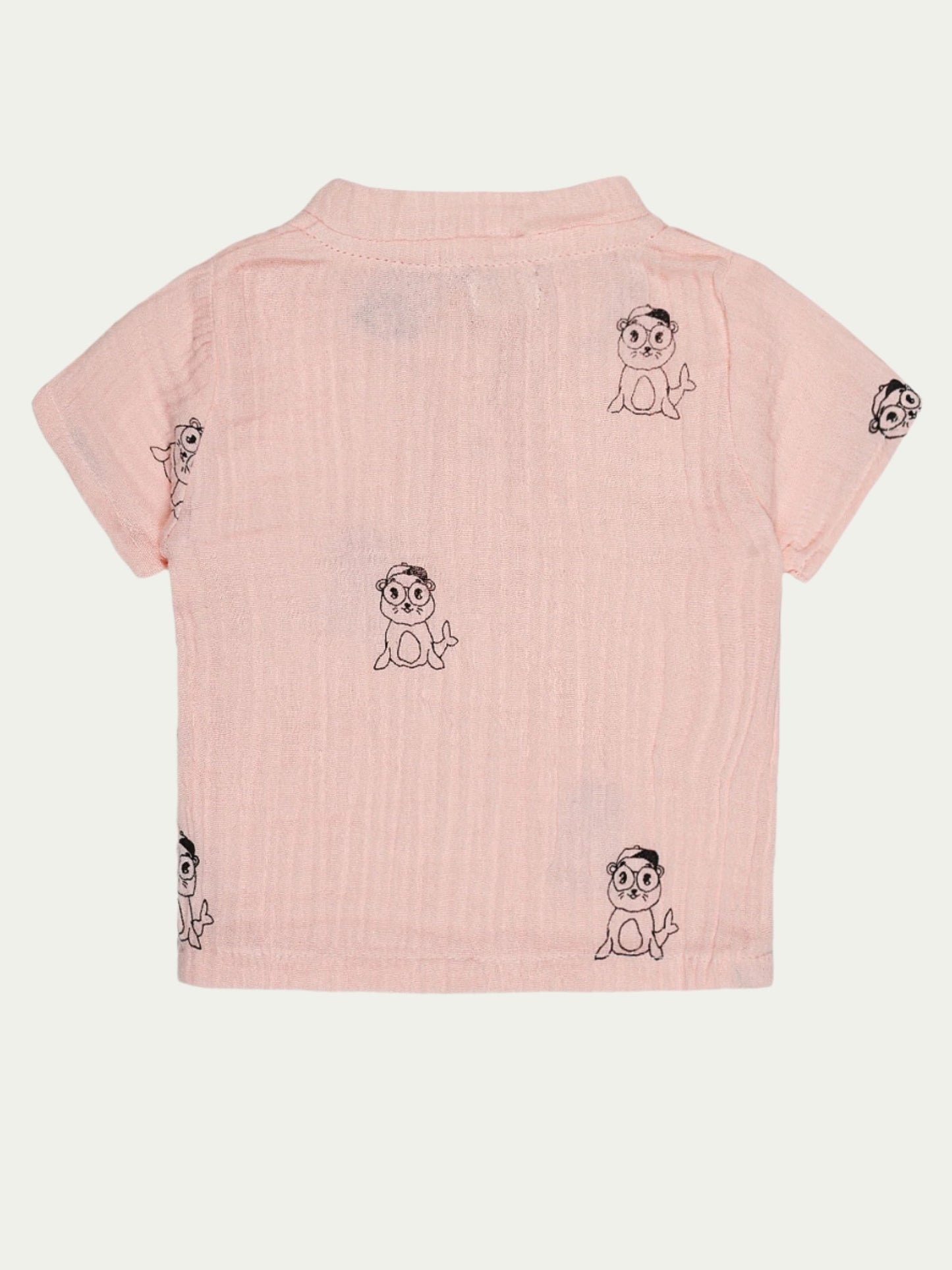 Back view of pink organic cotton baby shirt with cute seal print – soft, breathable, and eco-friendly, designed for babies aged 0-3 years by Ray&Baby.