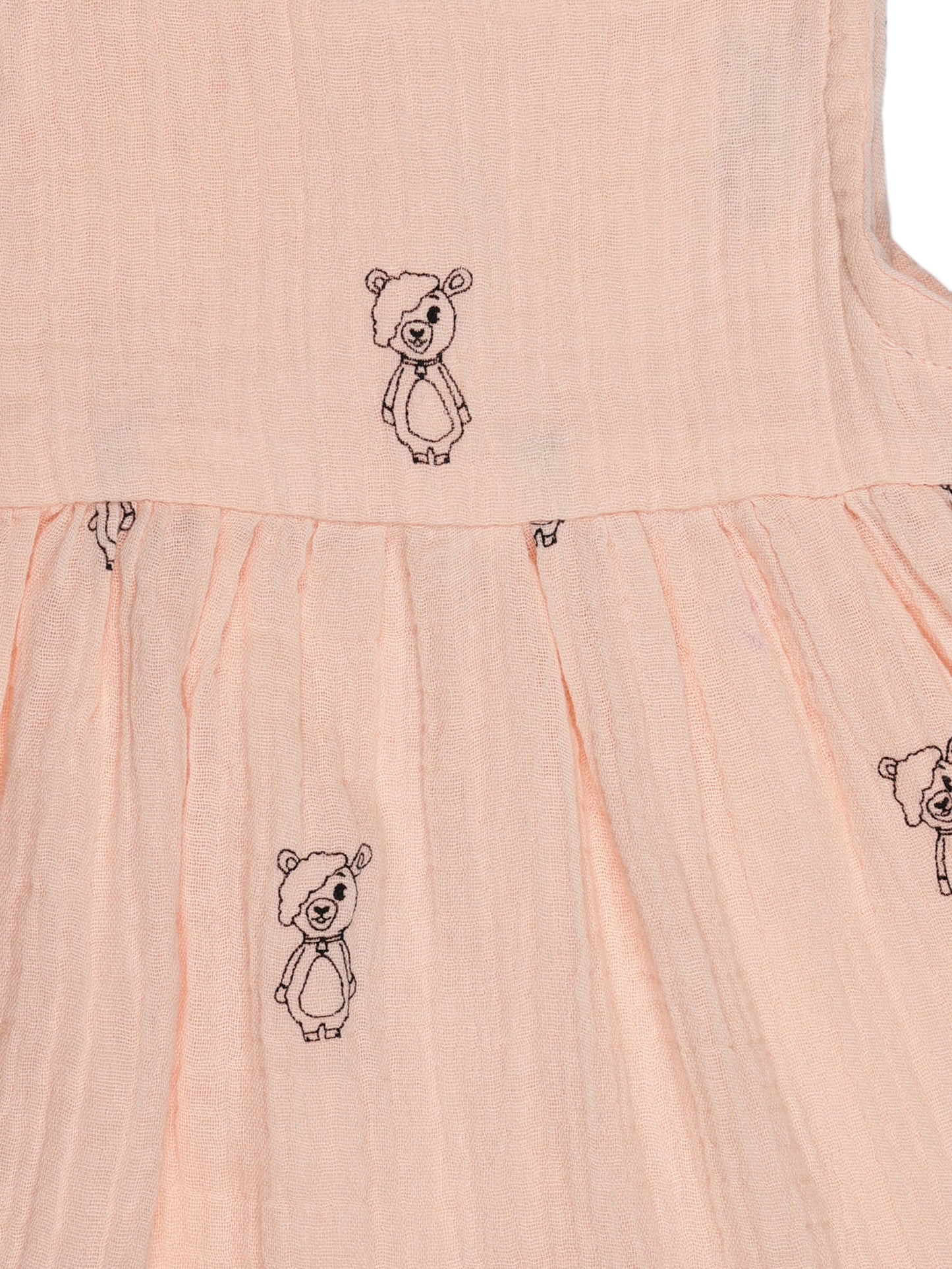 Close-up of bear print and fabric texture on pink organic cotton baby dress – breathable and eco-friendly by Ray&Baby.