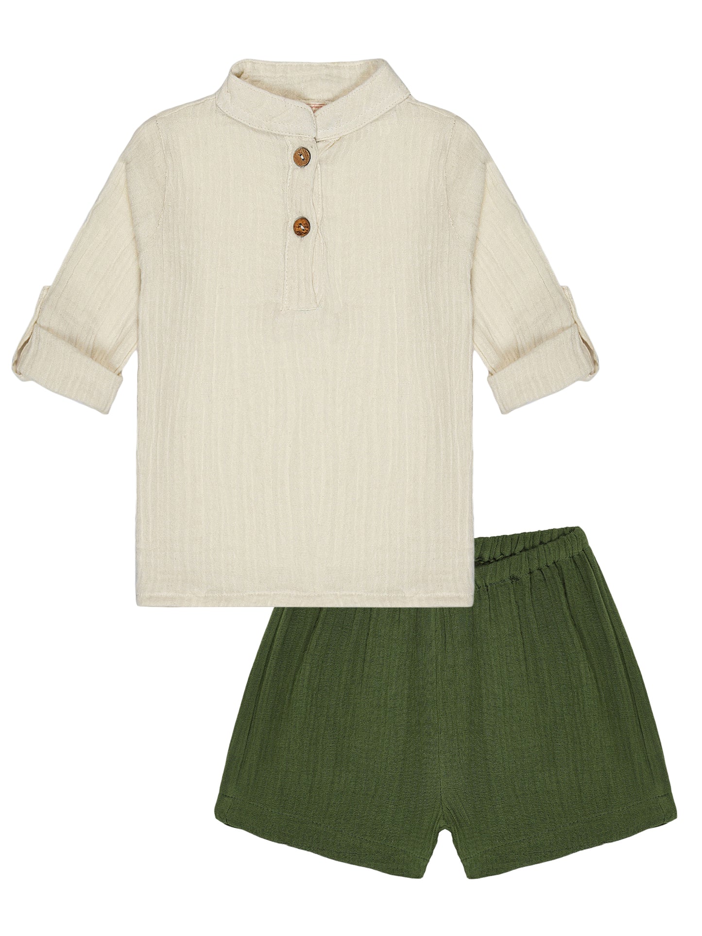 Beige Roll-Up Sleeves Shirt and Forest Green Shorts Set