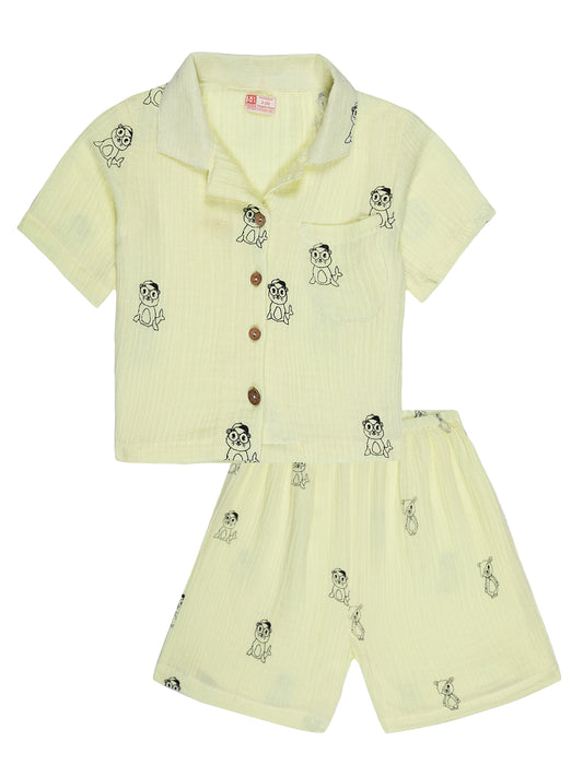 Yellow Animal Print Collar Co-ord Set – Organic Cotton Shirt & Shorts