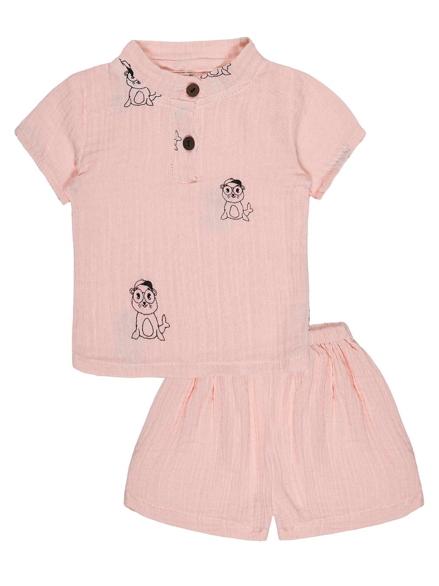 Pink Cute Seal Print Co-ord Set – Organic Cotton Shirt & Shorts