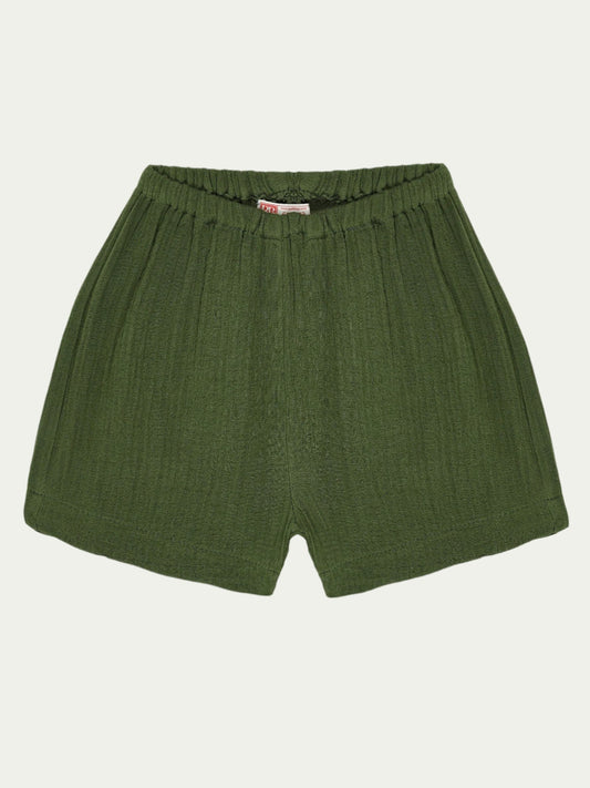 Front view of forest green organic cotton baby shorts with elastic waistband – eco-friendly and breathable, designed for babies aged 0-3 years by Ray&Baby.