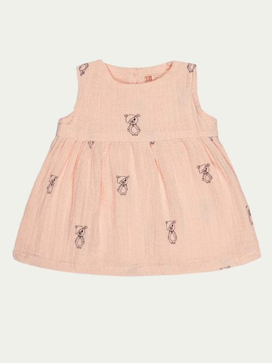 Front view of pink organic cotton baby dress with sleeveless design and bear print – eco-friendly and breathable, designed for babies aged 0-3 years by Ray&Baby.