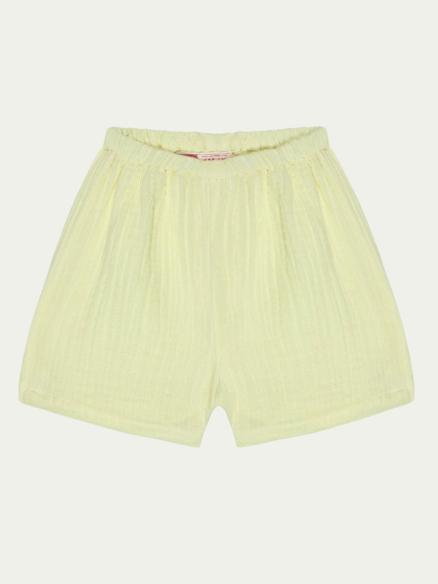 Front view of yellow organic cotton baby shorts with elastic waistband – eco-friendly and breathable, designed for babies aged 0-3 years by Ray&Baby.