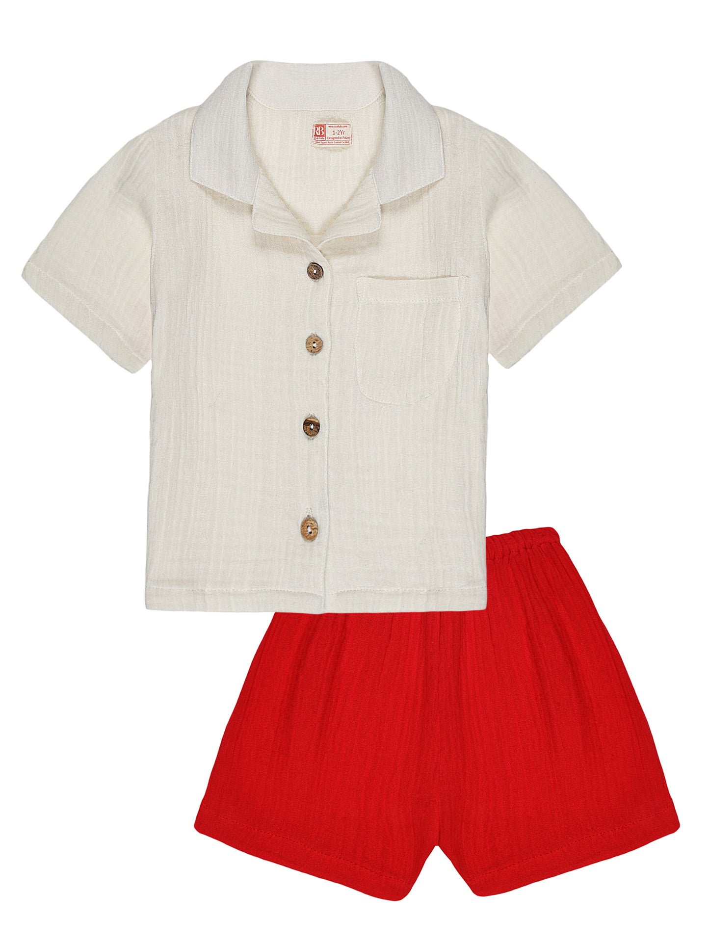 Neutral & Red Co-ord Set – Organic Cotton Shirt & Shorts