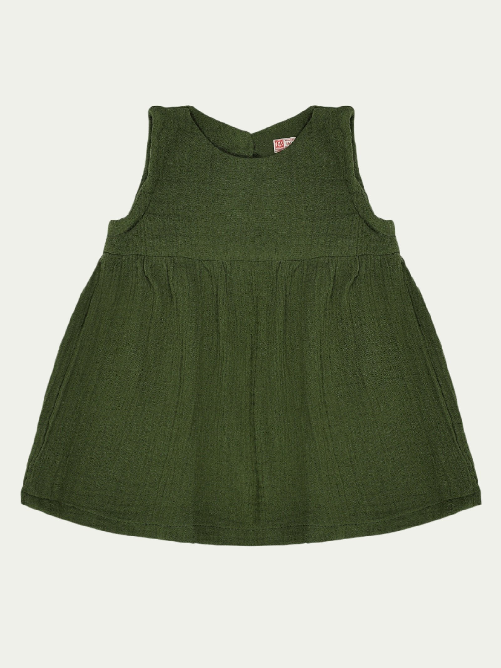 Front view of forest green organic cotton sleeveless baby dress with a pleated design – eco-friendly and breathable, designed for babies aged 0-3 years by Ray&Baby.