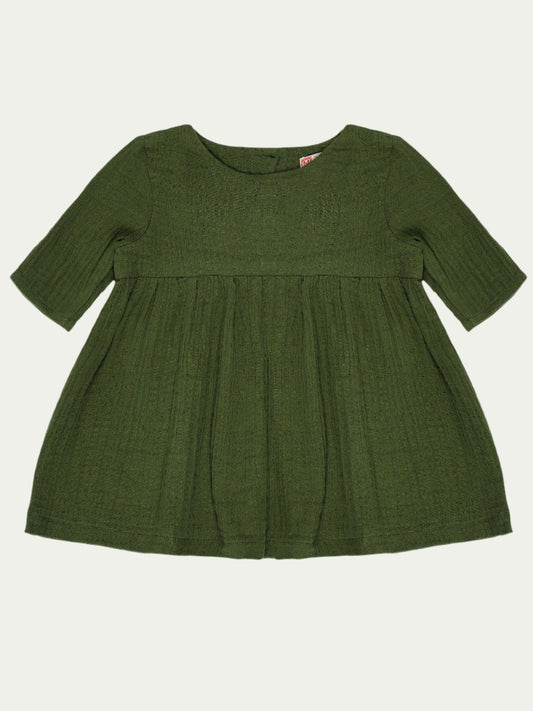 Forest green organic cotton baby dress with long sleeves and pleated design – eco-friendly and breathable, designed for babies aged 0-3 years by Ray&Baby.