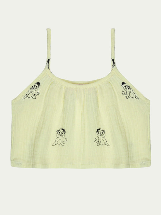 Front view of yellow organic cotton baby top with seal print and adjustable straps – eco-friendly and breathable, designed for babies aged 0-3 years by Ray&Baby.