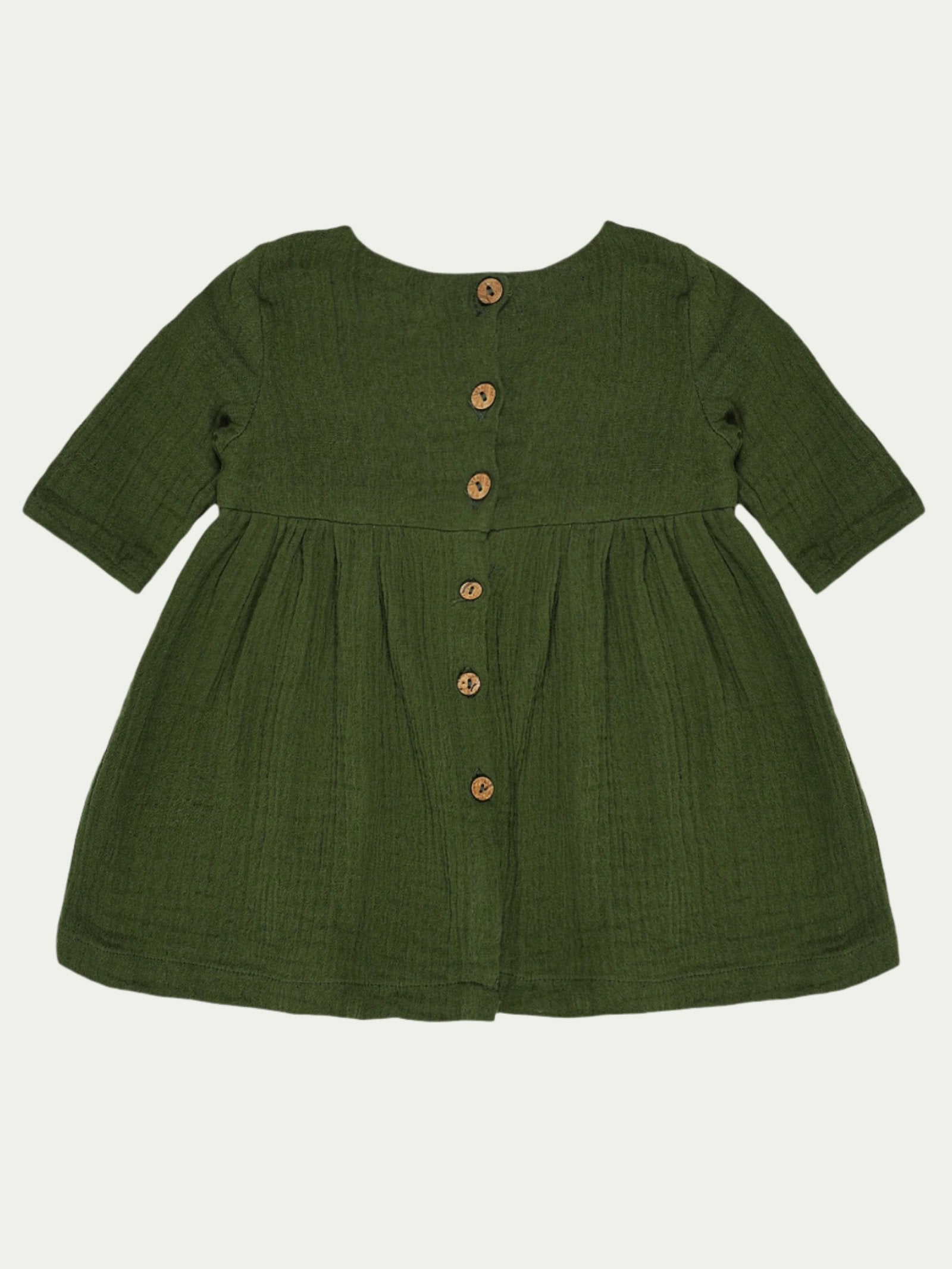 Back view of forest green organic cotton baby dress with pleated design and long sleeves – soft and eco-friendly, perfect for babies aged 0-3 years by Ray&Baby.