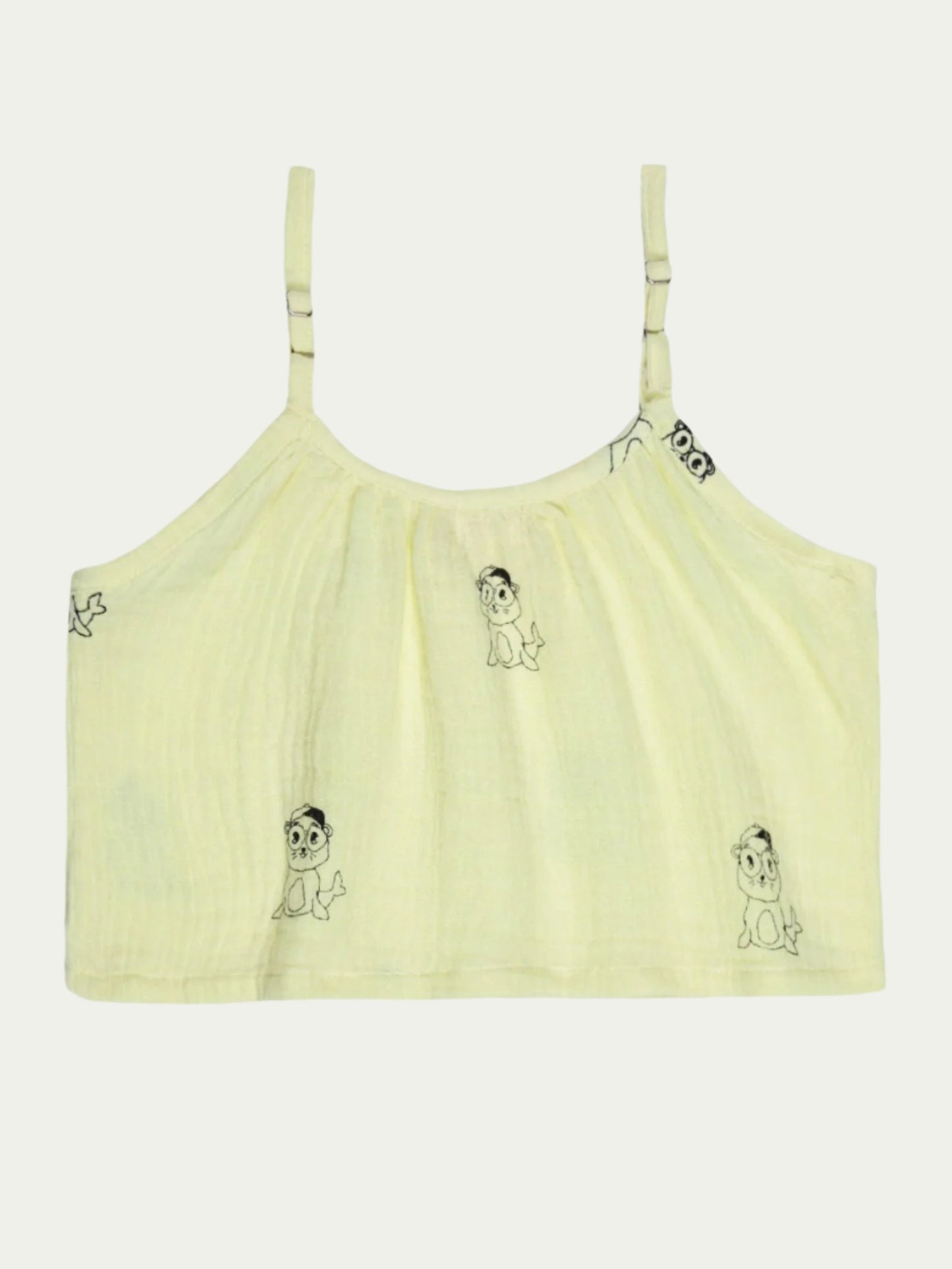 Back view of yellow organic cotton baby top with adjustable straps and seal print – soft, breathable, and eco-friendly, perfect for babies aged 0-3 years by Ray&Baby.