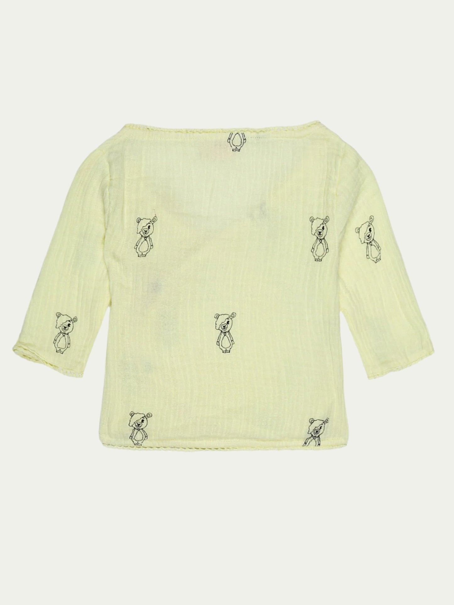 Back view of yellow organic cotton baby wrap shirt with bear print – soft, breathable, and eco-friendly, perfect for babies aged 0-3 years by Ray&Baby.