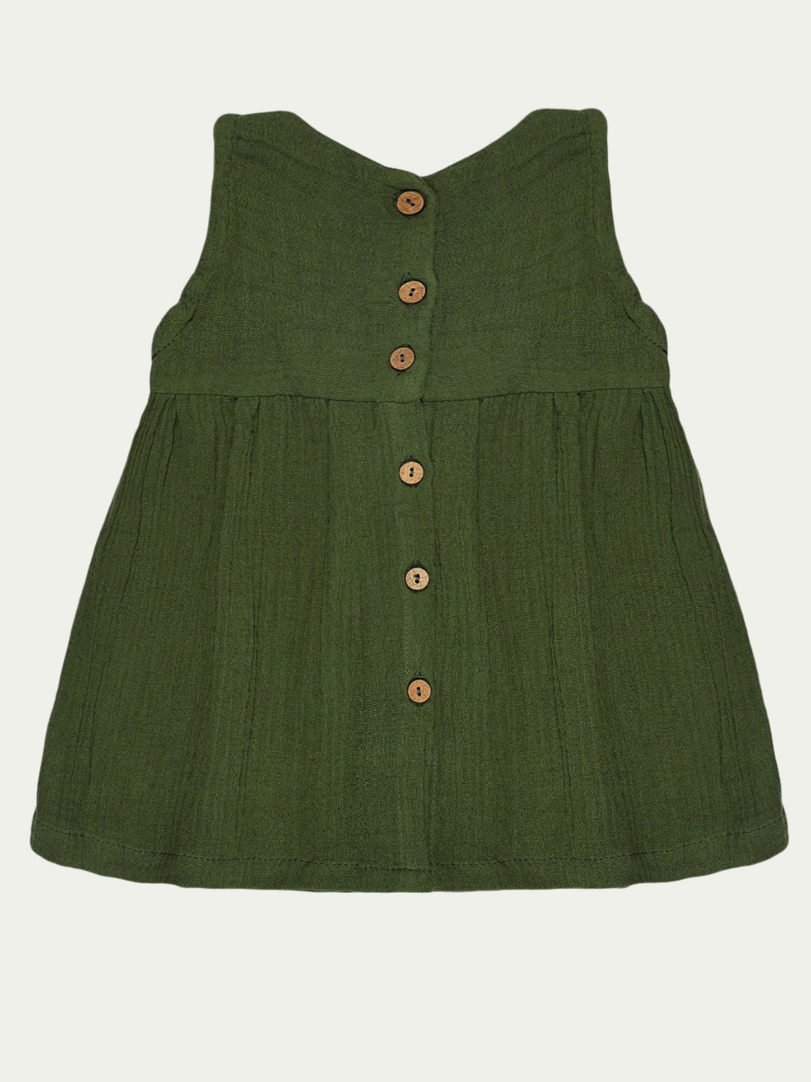 Back view of forest green organic cotton sleeveless baby dress – soft, breathable, and eco-friendly, perfect for babies aged 0-3 years by Ray&Baby.