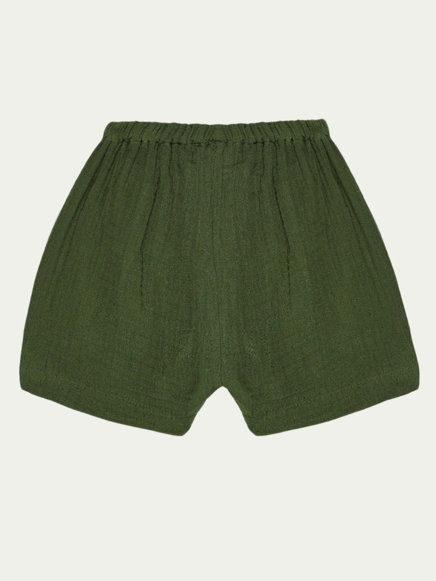 Back view of forest green organic cotton baby shorts with elastic waistband – soft, breathable, and eco-friendly by Ray&Baby.