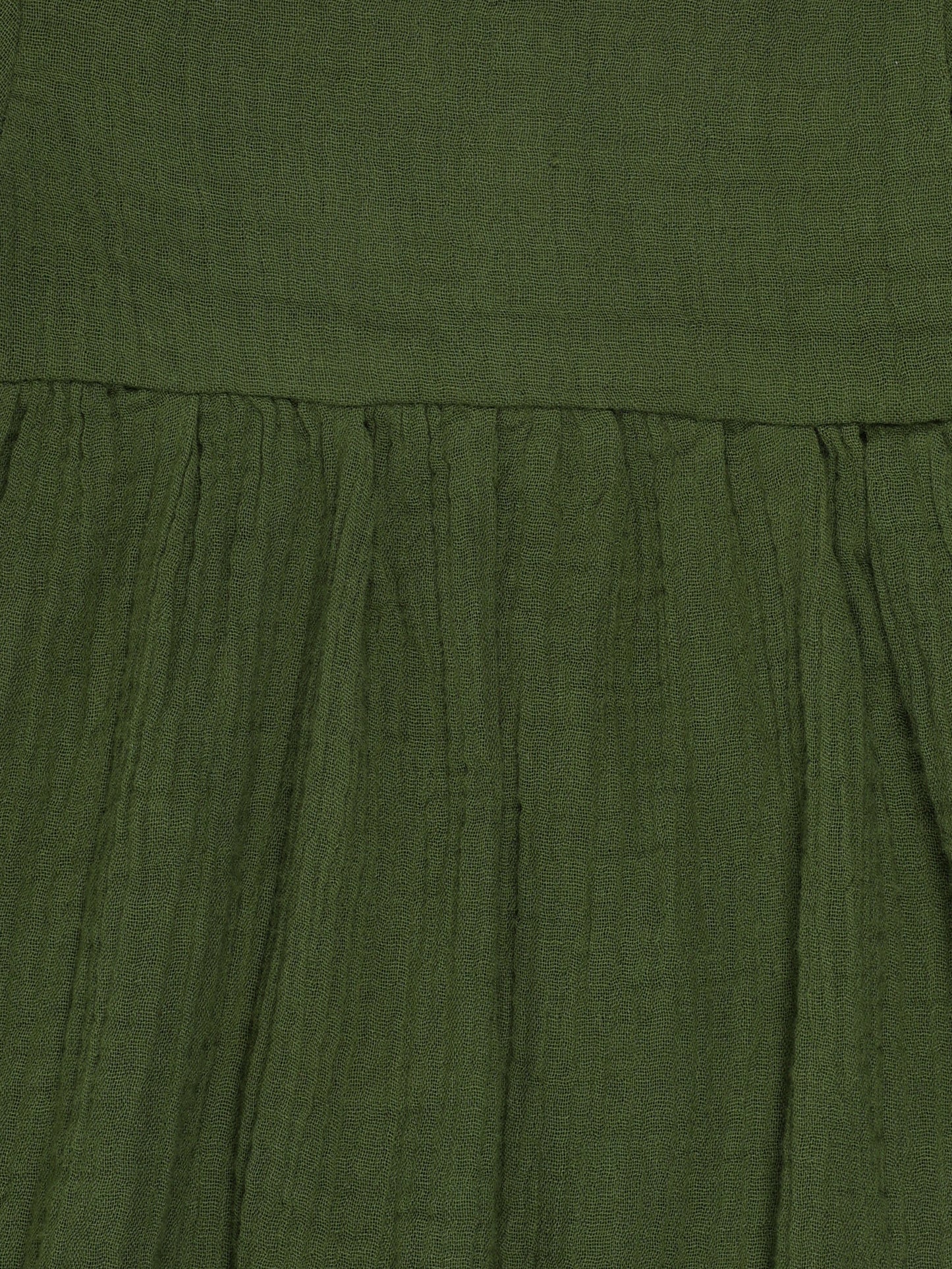 Close-up of pleated detail and soft fabric texture on forest green organic cotton baby dress – breathable and eco-friendly by Ray&Baby.