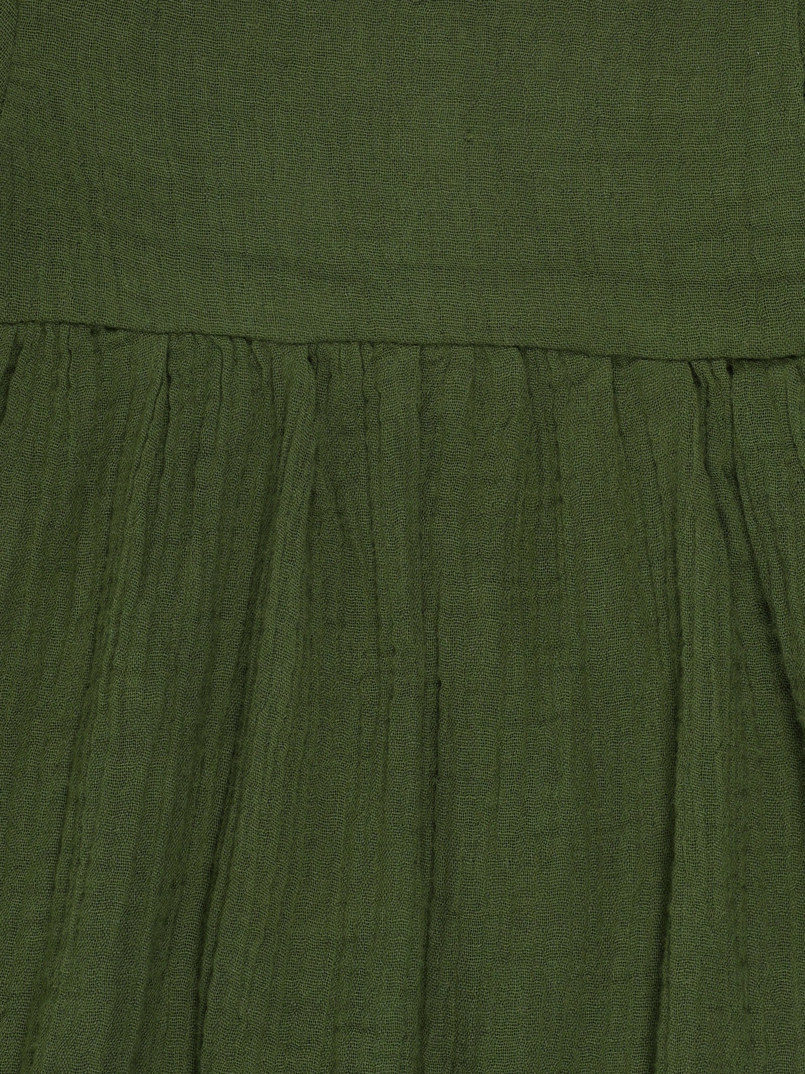 Close-up of pleated detail and soft fabric texture on forest green organic cotton baby dress – breathable and eco-friendly by Ray&Baby.